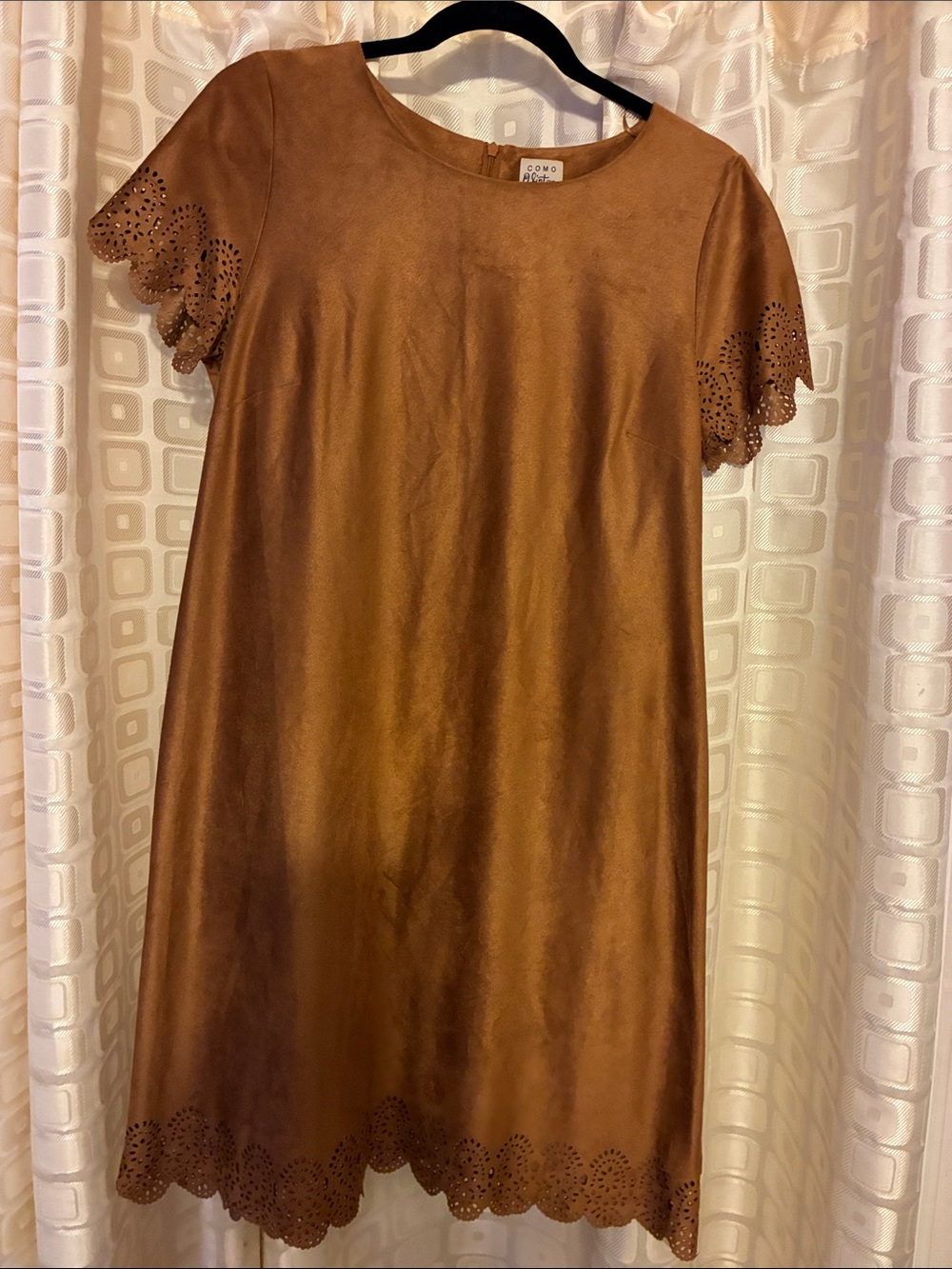 Como Vintage - Brown Suede Shift Dress with Laser-Cut Trim- Size Medium